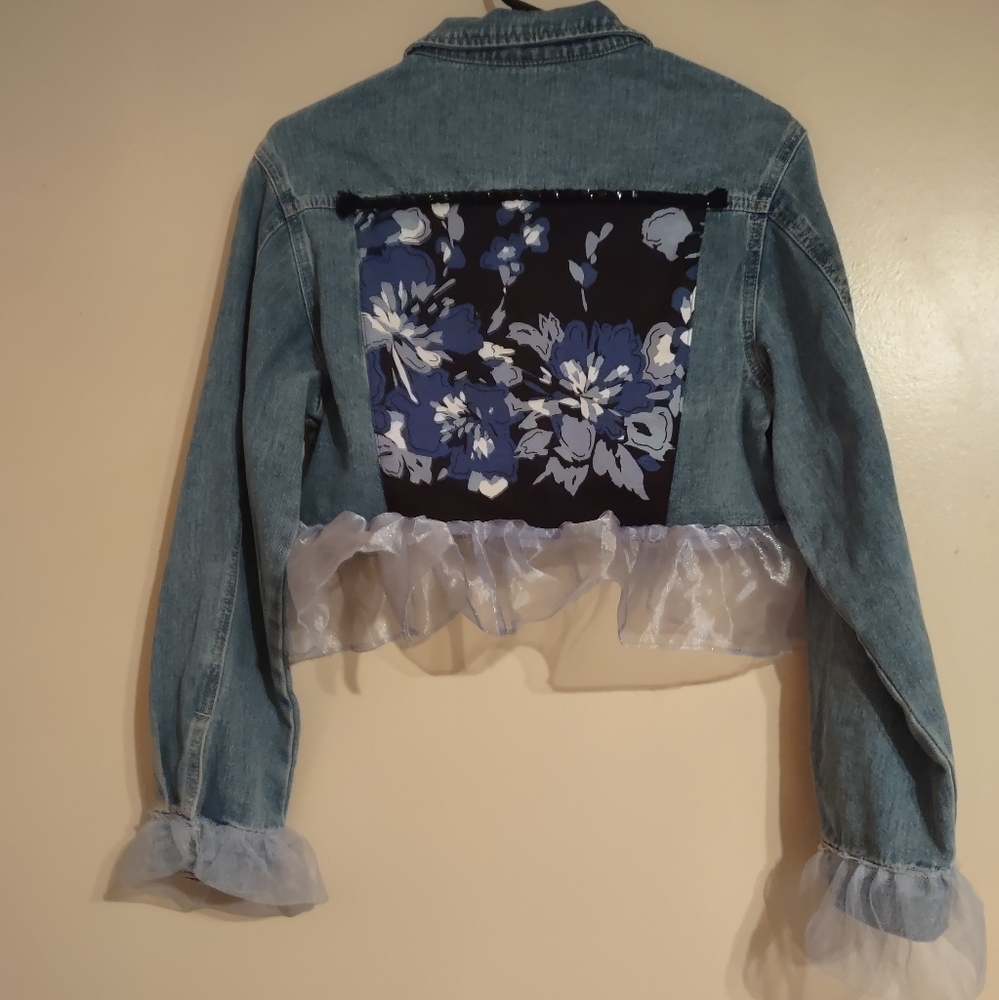 Denim Jacket with Sheer Ruffle Accents - Picture 2 of 4